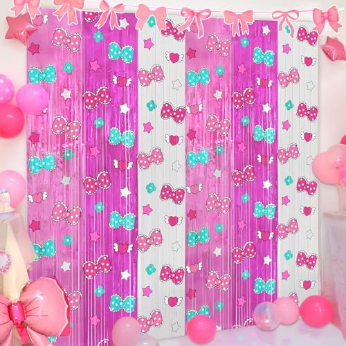 Kawaii-Fransenvorhänge mit 1 rosa Schleife, 3 x 2 m, Kawaii-Geburtstagsparty-Dekoration, Fotokabinen-Hintergrund, Luftschlangen, Cartoon-Katzen-Thema, Partyzubehör, Dekoration für Mädchen, 3 Stück von PARTY TONIGHT