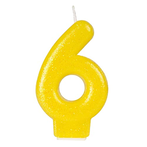 1 Stück – Gelbe Glitzerkerze zum 6. Geburtstag, 8,5 cm – Kuchendekoration, Kindergeburtstag, Kinderparty, Events, Feiern von PARTYLOSOPHY