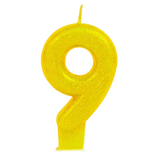 1 Stück – Gelbe Glitzerkerze zum 9. Geburtstag, 8,5 cm – Kuchendekoration, Kindergeburtstag, Kinderparty, Events, Feiern von PARTYLOSOPHY