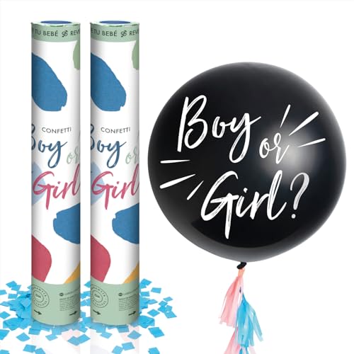 3 Stück – Genre Revelation Kit bestehend aus 2 Konfettikanonen à 50 cm blau + Latexballon Ø 90 cm "Junge oder Mädchen?" – blaue Enthüllung, blaue Kanone, Enthüllungsballon. von PARTYLOSOPHY