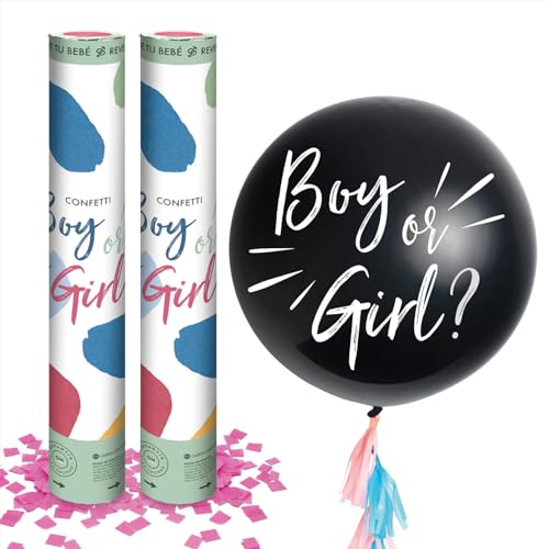 3 Stück – Genre Revelation Kit bestehend aus 2 Konfettikanonen à 50 cm rosa + Latexballon Ø 90 cm "Junge oder Mädchen?" – Genre Offenbarung, rosa Kanone, Ballon Offenbarung. von PARTYLOSOPHY