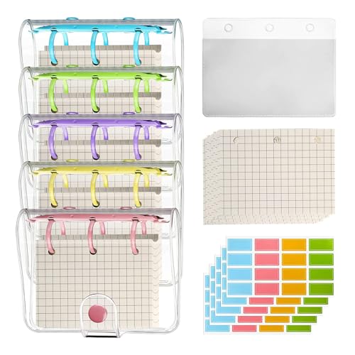 5 Sets kleines Notizbuch mit 3 Ringen, PVC-Einband, kariertes Papier, farbige Etiketten, Kartentasche von PASHFSA