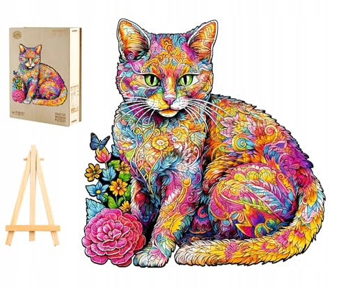 PASJO Holzpuzzle Erwachsene Katze 300 Teile 34,4x33,8 cm Tierförmige Puzzleteile Creative Jigsaw Holzbox Mini-Staffelei von PASJO