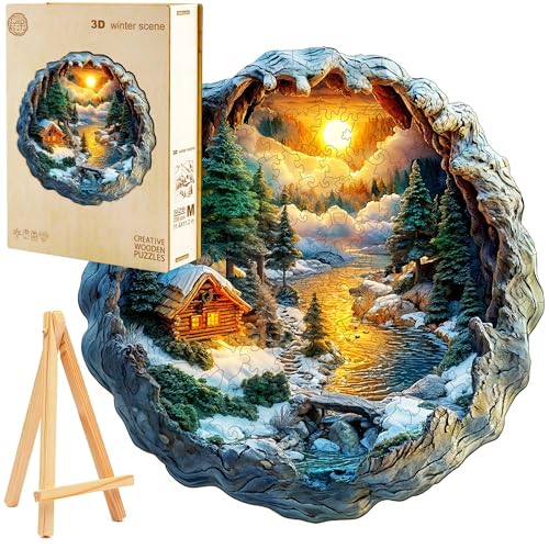 PASJO Holzpuzzle für Erwachsene 3D-Puzzle Winterlandschaft 275 Einzelteile Holzschachtel Mini-Staffelei Wooden Puzzle Holzhaus am Fluß von PASJO