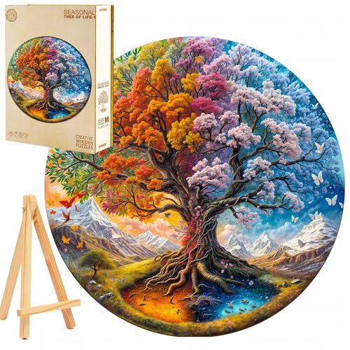 PASJO Holzpuzzle für Erwachsene Baum 4 Jahreszeiten 300 Einzelteile Holzschachtel Mini-Staffelei Wooden Puzzle Naturmotiv Wanddeko von PASJO