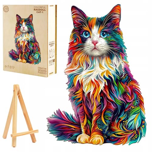PASJO Holzpuzzle für Erwachsene Bunte Katze 200 Einzelteile Holzschachtel Mini-Staffelei Wooden Puzzle von PASJO