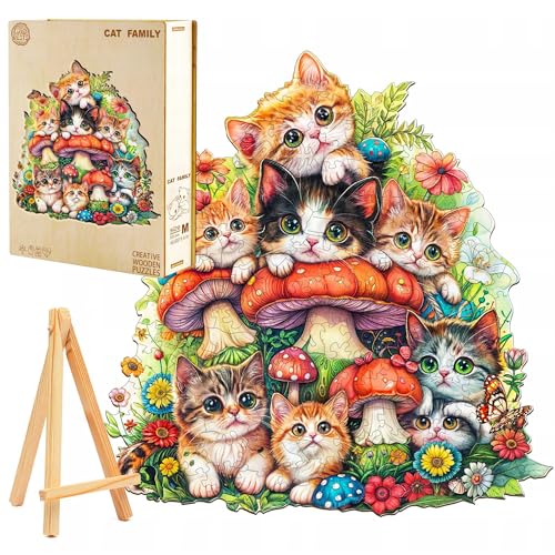 PASJO Holzpuzzle für Erwachsene Katzenfamilie 270 Einzelteile Holzschachtel Mini-Staffelei Wooden Puzzle Katzenbabys Knuffig von PASJO