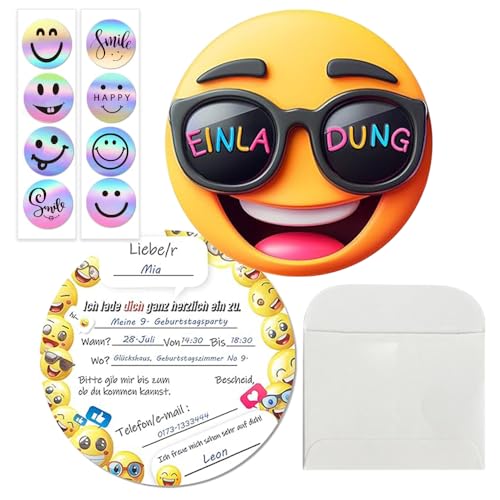 PASLFC 15 x Smiley Einladungskarten Kindergeburtstag mit Umschlag,Einladungskarten Geburtstag Kinder,Witzige Rund Ausdruck Einladung für Geburtstag Abschlussball Weihnachtsfeier von PASLFC