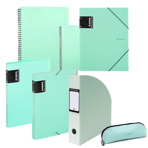 PASTELINi Schulset 7-teilig – Pastellgrün für Schule & Uni – A4 A5 Ordner, Blöcke, Mappe, Etui, Archivbox – Schüler Studenten Mädchen Jungen – Schreibset Bürobedarf Geschenk von PASTELINi