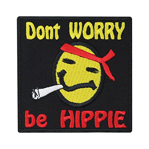 Lustiger Smiley Aufnäher "Don't worry, be HIPPIE" Hippie Patch mit Stickerei - Woodstock Bügelbild - '60s '70s Party Deko - Joint Applikation für Rucksack/Jacke/Tasche - 80x75mm von Patch
