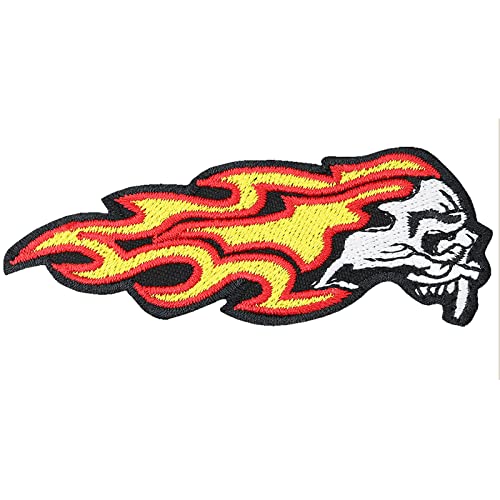 Totenkopf Aufnäher: Fire head Death Head - Heavy Metal Patch mit Stickerei "Feuer-Totenschädel" - Biker Geschenk Rocker Aufbügler Skull Applikation für Lederjacke/Weste/Kutte - 45x100mm von PATCH KING