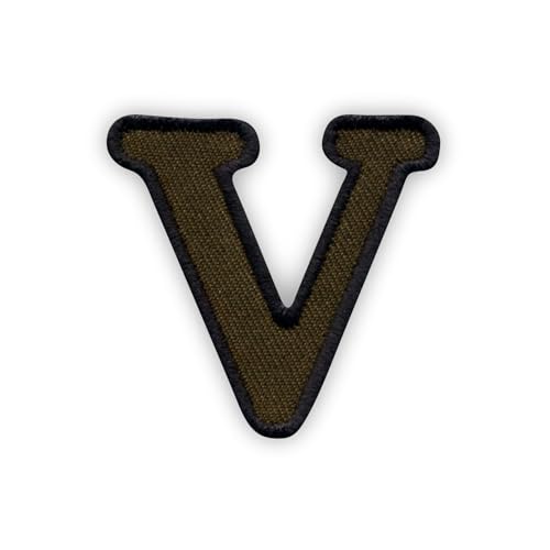 Buchstabe V – Olivgrün – wärmeaktivierter Klebstoff/Bügelrückseite – bestickter Abzeichen/Aufnäher von PATCHSIG