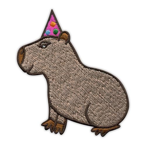 Capybara mit Partyhut, wärmeaktivierter Klebstoff/Bügelrückseite, besticktes Abzeichen/Patch von PATCHSIG