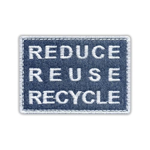 Denim ECO Patch Reduzieren Wiederverwendung Recycling – Hergestellt aus recycelten Jeans, Weiß – wärmeaktivierter Klebstoff/Aufbügelrückseite – besticktes Abzeichen/Aufnäher von PATCHSIG