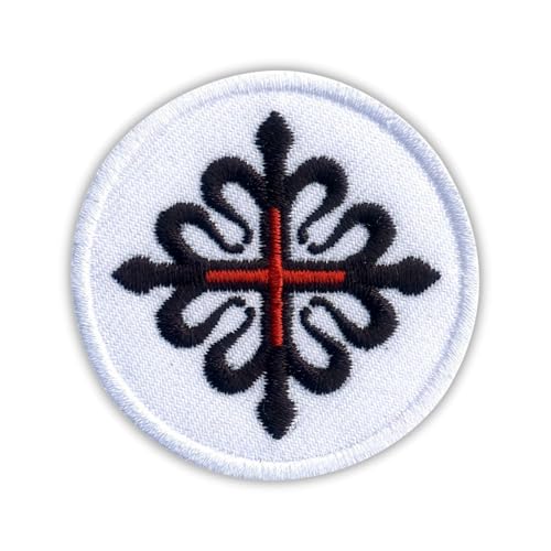 Emblem des Militärordens von Montesa, rotes griechisches Kreuz innerhalb des Kreuzes von Calatrava, wärmeaktivierter Klebstoff, Rückseite zum Aufbügeln, besticktes Abzeichen/Patch von PATCHSIG