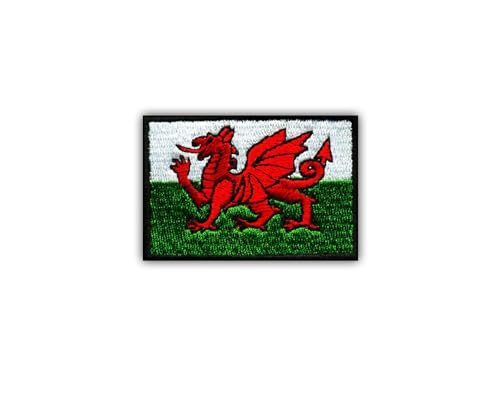 Flagge von Wales, wärmeaktivierter Klebstoff, Rückseite zum Aufbügeln, besticktes Abzeichen/Patch von PATCHSIG