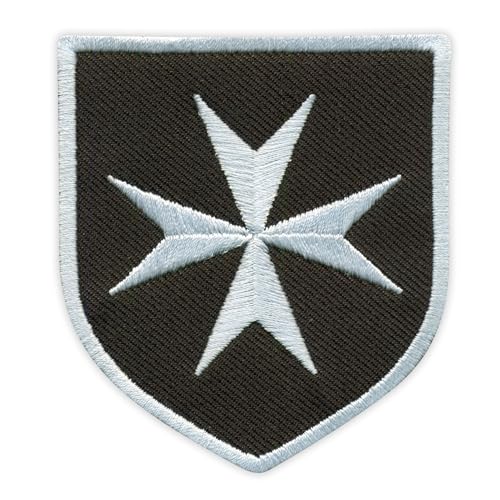 Malteserkreuz – schwarzer Schild, 6,3 x 7,6 cm – wärmeaktivierter Klebstoff/Aufbügelrückseite – bestickter Abzeichen/Aufnäher von PATCHSIG