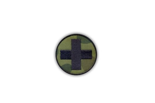 Medical Medic Patch – Rundes Camouflage mit schwarzem Kreuz – wärmeaktivierter Klebstoff/Bügelrückseite – bestickter Abzeichen/Aufnäher von PATCHSIG