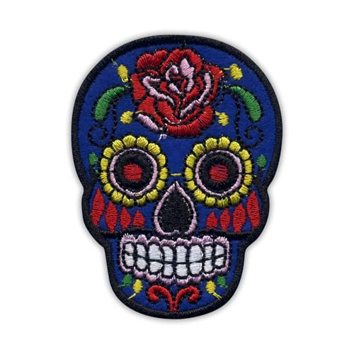 Mexikanischer Totenkopf Calavera Blue – wärmeaktivierter Klebstoff/Bügelrückseite – bestickter Abzeichen/Aufnäher von PATCHSIG