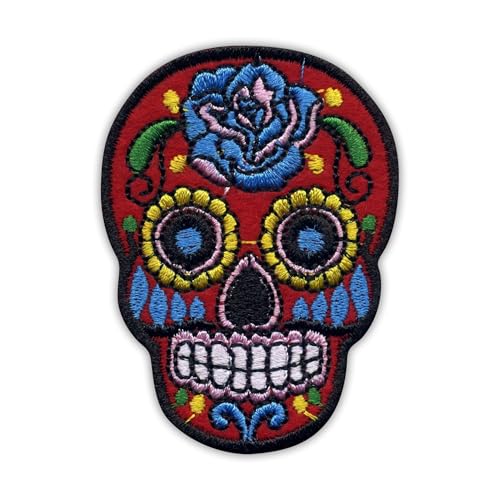 Mexikanischer Totenkopf Calavera rot – wärmeaktivierter Klebstoff/Bügelrückseite – bestickter Abzeichen/Aufnäher von PATCHSIG