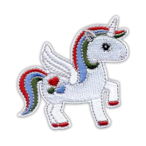Regenbogen-Einhorn mit Herzen, wärmeaktivierter Klebstoff/Bügelrückseite, besticktes Abzeichen/Patch von PATCHSIG