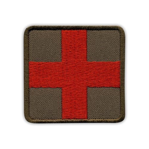 Rotes Medic-Kreuz auf dunklem olivfarbenem Hintergrund, quadratisch, wärmeaktivierter Klebstoff/Bügelrückseite, bestickter Abzeichen/Aufnäher von PATCHSIG