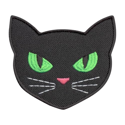 Schwarze Katze mit blinkenden grünen Augen – Kopf – wärmeaktivierter Klebstoff/Bügelrückseite – bestickter Abzeichen/Aufnäher von PATCHSIG