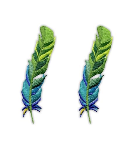 Set mit Federn – Grün und Blau – wärmeaktivierter Klebstoff/Bügelrückseite – bestickter Abzeichen/Aufnäher von PATCHSIG
