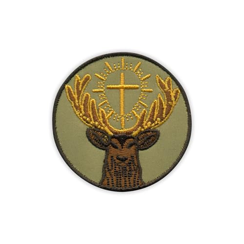 Symbol des Heiligen Huberts des Jägers, grüner Oliven-Hintergrund, wärmeaktivierter Klebstoff/Bügelrückseite, bestickter Abzeichen/Aufnäher von PATCHSIG