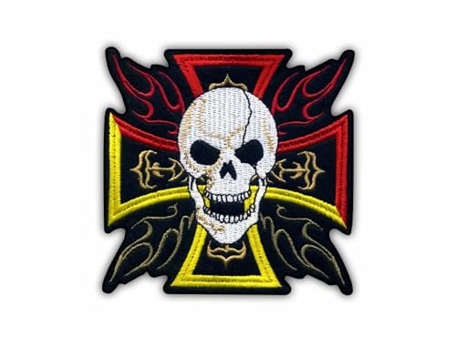 Totenkopf-Flammen-Kreuz, wärmeaktivierter Klebstoff, Rückseite zum Aufbügeln, besticktes Abzeichen/Aufnäher von PATCHSIG