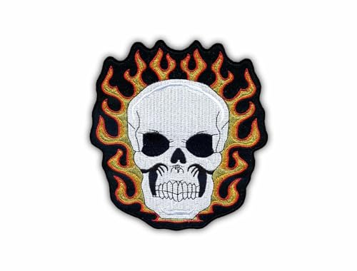 Totenkopf in Flammen – zum Aufnähen / Aufnähen – bestickter Abzeichen/Aufnäher Totenkopf in Flammen – zum Aufnähen / Aufnähen – bestickter Abzeichen/Aufnäher von PATCHSIG