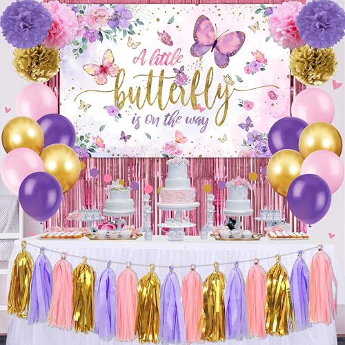 Schmetterling Babyparty Dekorationen für Mädchen, ein kleiner Schmetterling ist auf dem Weg, rosa und lila Luftballons, Pompons, Quasten-Girlande, Papiergirlande für Mädchen, Babyparty-Dekorationen von PATIAI