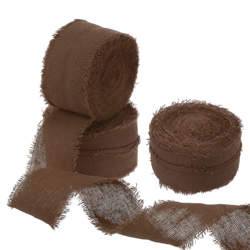 PATIKIL 1 Zoll x 21 Yard Baumwollhandgefertigtes Fransenband, 3 Rollen ausgefranste Fransenbänder Baumwollstoffband für Blumenstrauß Geschenkverpackung Hochzeitseinladung, Braun von PATIKIL