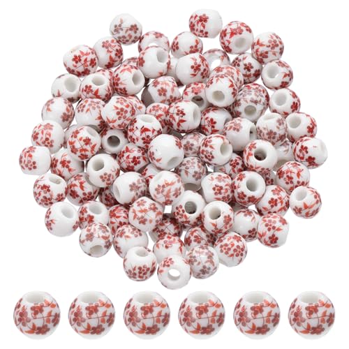 PATIKIL 100 Stück Porzellanperlen, 8mm Bedruckte Keramikperlen Runde Blumenperlen Handgefertigte Abstandshalterperlen für die Schmuckherstellung Ohrringe Halskette DIY Basteln, Rot von PATIKIL