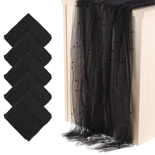 PATIKIL 10Ft Perlen Tischläufer, 5 Stück Sheer Tüll Stoff Spitze Tischdecke Chiffon Hochzeitstischdecke für Brautdusche Geburtstagsfeier Dessertbogen Schleier Dekor, Schwarz (63x120inch) von PATIKIL
