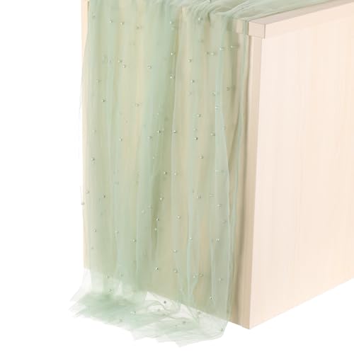 PATIKIL 10Ft Perlen Tischläufer, transparenter Tüllstoff Spitze Tischdecke Chiffon Hochzeitstischdecke für Brautdusche Geburtstagsfeier Dessertbogen Schleier Dekor, Hellgrün (63x120inch) von PATIKIL