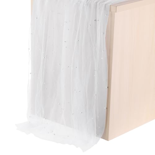 PATIKIL 10Ft Perlen Tischläufer, transparenter Tüllstoff Spitze Tischdecke Chiffon Hochzeitstischdecke für Brautdusche Geburtstagsfeier Dessertbogen Schleier Dekor, Weiß (63x120inch) von PATIKIL