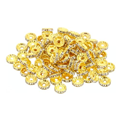 PATIKIL 10mm Abstandshalter Perlen, 100 Stück Perlenabstandshalter Rondelle Abstandshalter Perlen Strass Kleine Runde Glasperlen Kristall Halsketten DIY, Gold von PATIKIL