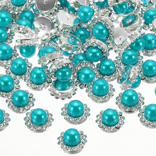 PATIKIL 12 mm Blumenkralle zum Aufnähen von Perlen und Strasssteinen, 100 Stück Kristalle Gold Glänzende Flachrückenperlen und Strasssteine für DIY-Handwerk Schuhe Ohrring, Seeblau von PATIKIL
