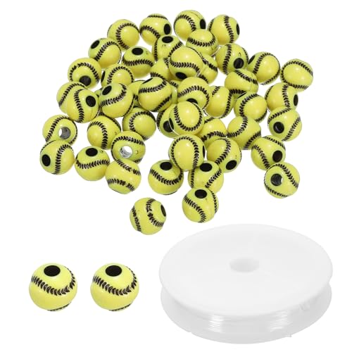 PATIKIL 12mm Sportball Perlen, 50er Pack Acryl Softball Perlen Großhandel Runde Sport Spacer Perlen mit 4,4 Yard Elastischem Seil für DIY Bastelarbeiten, Gelb Schwarz von PATIKIL
