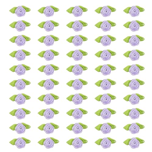 PATIKIL 15mm Kleine Satinbandrose, 300 Stück Stoffblumen Verzierungen Rosetten Applikationen mit grünen Blättern für DIY Basteln Hochzeitsdekoration, Lila von PATIKIL