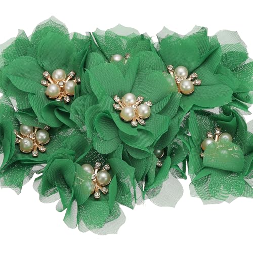 PATIKIL 2,36 Zoll Strass Perlen Chiffon Blume, 10 Stück Nähen Stoff Applikationen für DIY Handwerk Kleidung Stirnbänder Hochzeit Party Dekoration, Grün von PATIKIL