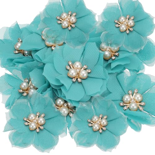 PATIKIL 2,36 Zoll Strass Perlen Chiffon Blume, 15 Stück Nähen Stoff Applikationen für DIY Handwerk Kleidung Stirnbänder Hochzeit Party Dekoration, Hellblau von PATIKIL