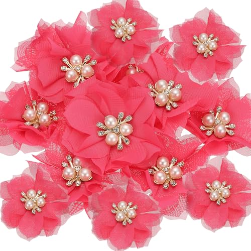 PATIKIL 2,36 Zoll Strass Perlen Chiffon Blume, 15 Stück Nähen Stoff Applikationen für DIY Handwerk Kleidung Stirnbänder Hochzeit Party Dekoration, Rosarot von PATIKIL