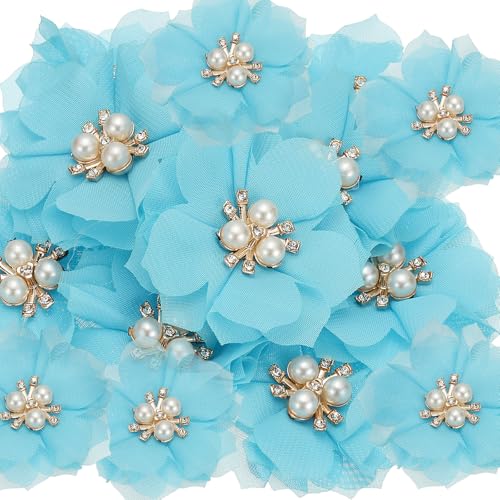 PATIKIL 2,36 Zoll Strass Perlen Chiffon Blume, 15 Stück Nähen Stoff Applikationen für DIY Handwerk Kleidung Stirnbänder Hochzeit Party Dekoration, Seeblau von PATIKIL