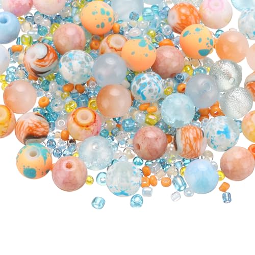 PATIKIL 2-8mm Sortierte Glas Harz Perlen, Rissige Kies Runde Perlen Kleine Europäische Spacer Saatperlen Gemischt Großloch mit Loch Handwerk Halskette Charme, Orange von PATIKIL