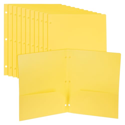 PATIKIL 2-Taschen-Ordner, 12er-Pack, robuste Poly-Taschenordner im Briefformat, 3-Loch-Projektordner mit Visitenkartenschlitz, passend für 3-Ring-Ordner im Büro und zu Hause, Gelb von PATIKIL
