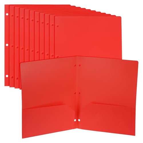 PATIKIL 2-Taschen-Ordner, 12er-Pack, robuste Poly-Taschenordner im Briefformat, 3-Loch-Projektordner mit Visitenkartenschlitz, passend für 3-Ring-Ordner im Büro und zu Hause, rot von PATIKIL