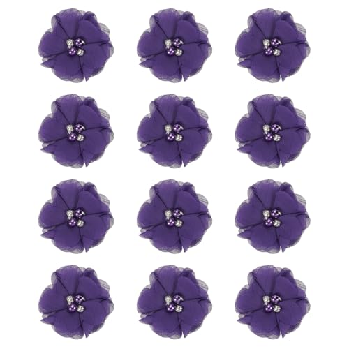 PATIKIL 2 Zoll Chiffon Blumen, 12 Stück Strass Perlen Nähen Stoffblumen Künstliche Applikationen Verzierungen für Kleidung Hochzeit DIY Handwerk Stirnbänder Dekor, Dunkellila von PATIKIL