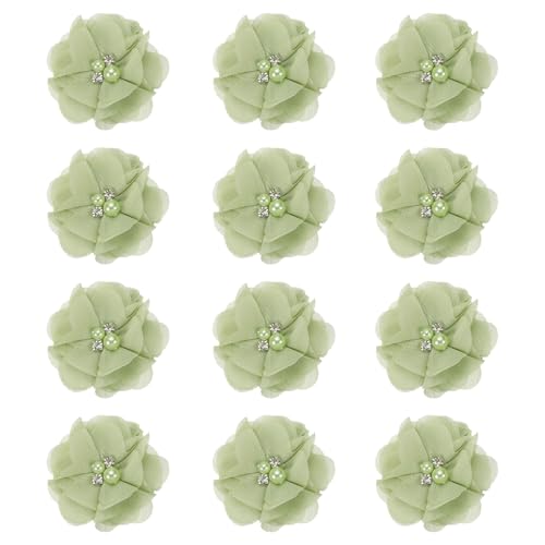 PATIKIL 2 Zoll Chiffon Blumen, 12 Stück Strass Perlen Nähen Stoffblumen Künstliche Applikationen Verzierungen für Kleidung Hochzeit DIY Handwerk Stirnbänder Dekor, Grün von PATIKIL